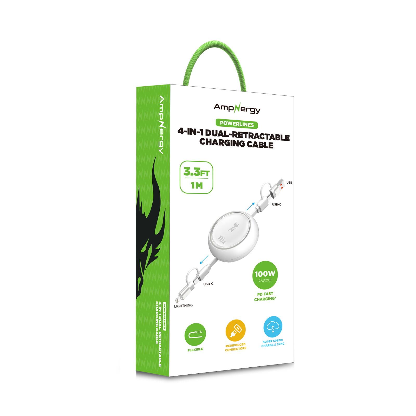 AmpNergy POWERLINES 4-IN-1 DUAL-RETRACTABLE CHARGING CABLE 3.3FT 1M USB-C LIGHTNING FLEXIBLE 100W Output PD FAST CHARGING SUPER STRENGTHENED CONNECTORS