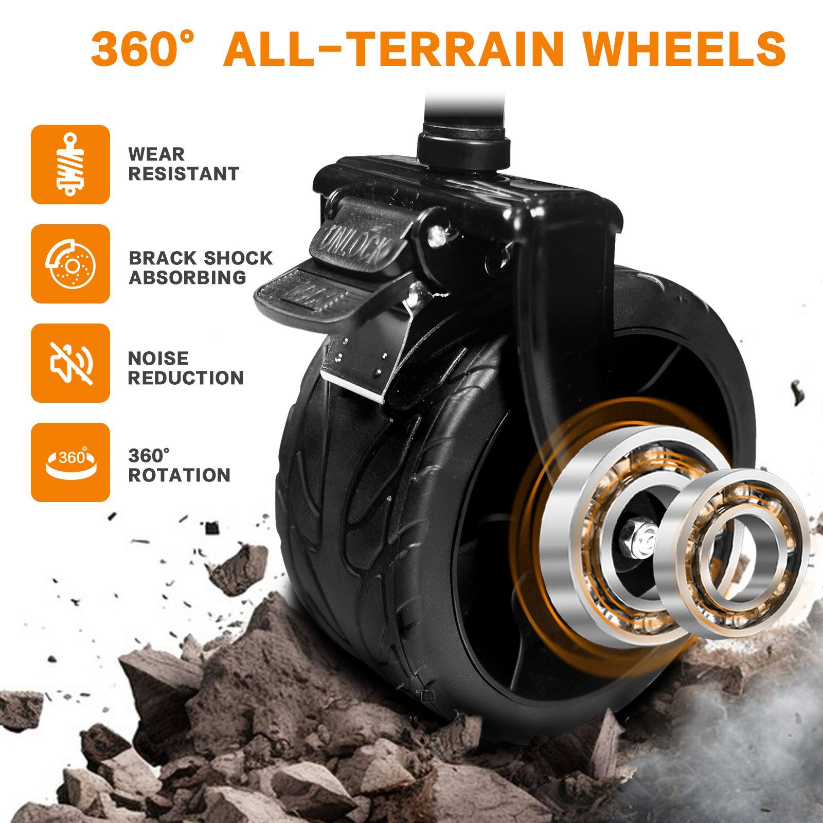 360° ALL-TERRAIN WHEELS

- WEAR RESISTANT
- BRACK SHOCK ABSORBING
- NOISE REDUCTION
- 360° ROTATION