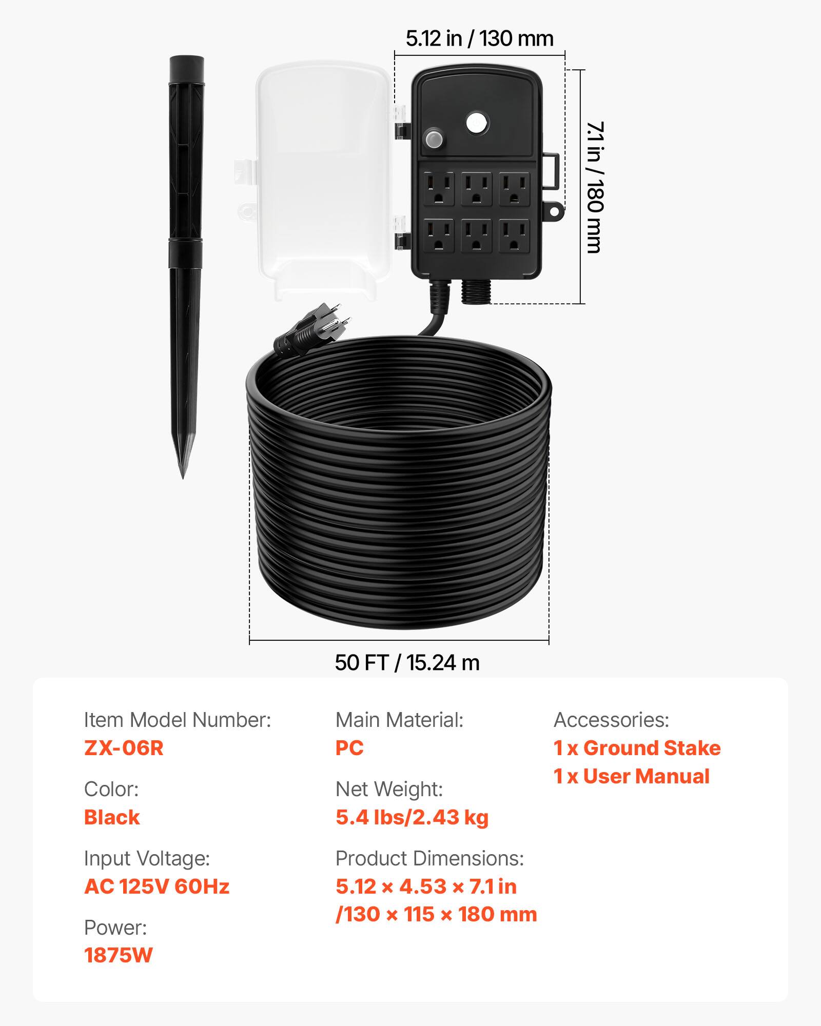 5.12 in / 130 mm  
7.1 in / 180 mm  
50 FT / 15.24 m  

Item Model Number: ZX-06R  
Color: Black  
Main Material: PC  
Net Weight: 5.4 lbs / 2.43 kg  
Accessories: 1 x Ground Stake, 1 x User Manual  
Input Voltage: AC 125V 60Hz  
Power: 1875W  
Product Dimensions: 5.12 x 4.53 x 7.1 in / 130 x 115 x 180 mm