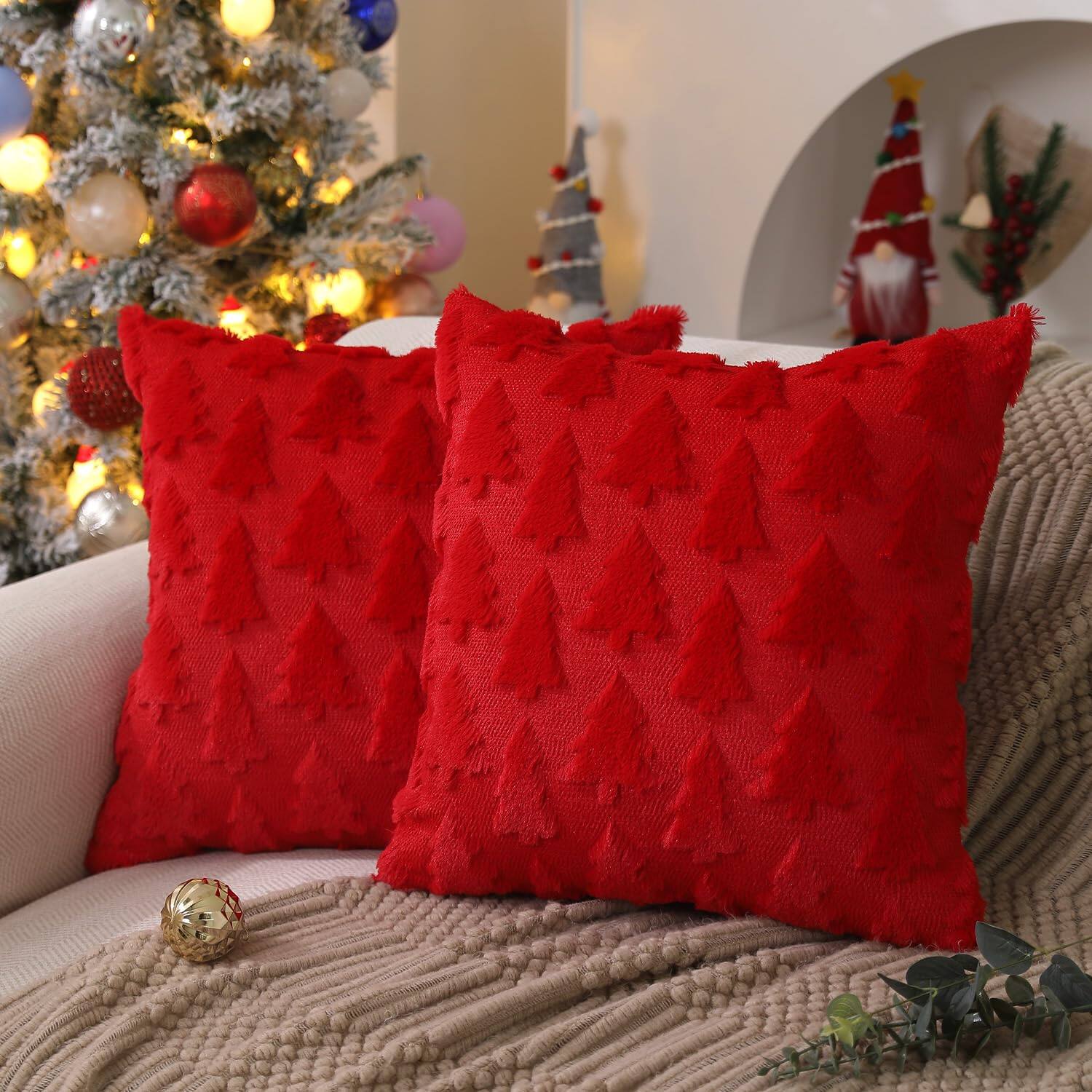 Front. Stylel Star - DFXSZ Christmas Tree Pillow Covers 18x18 inch Set of 2 Christmas Decoration Beige Soft Plush Faux Fur Jacquard Throw ... - Red.