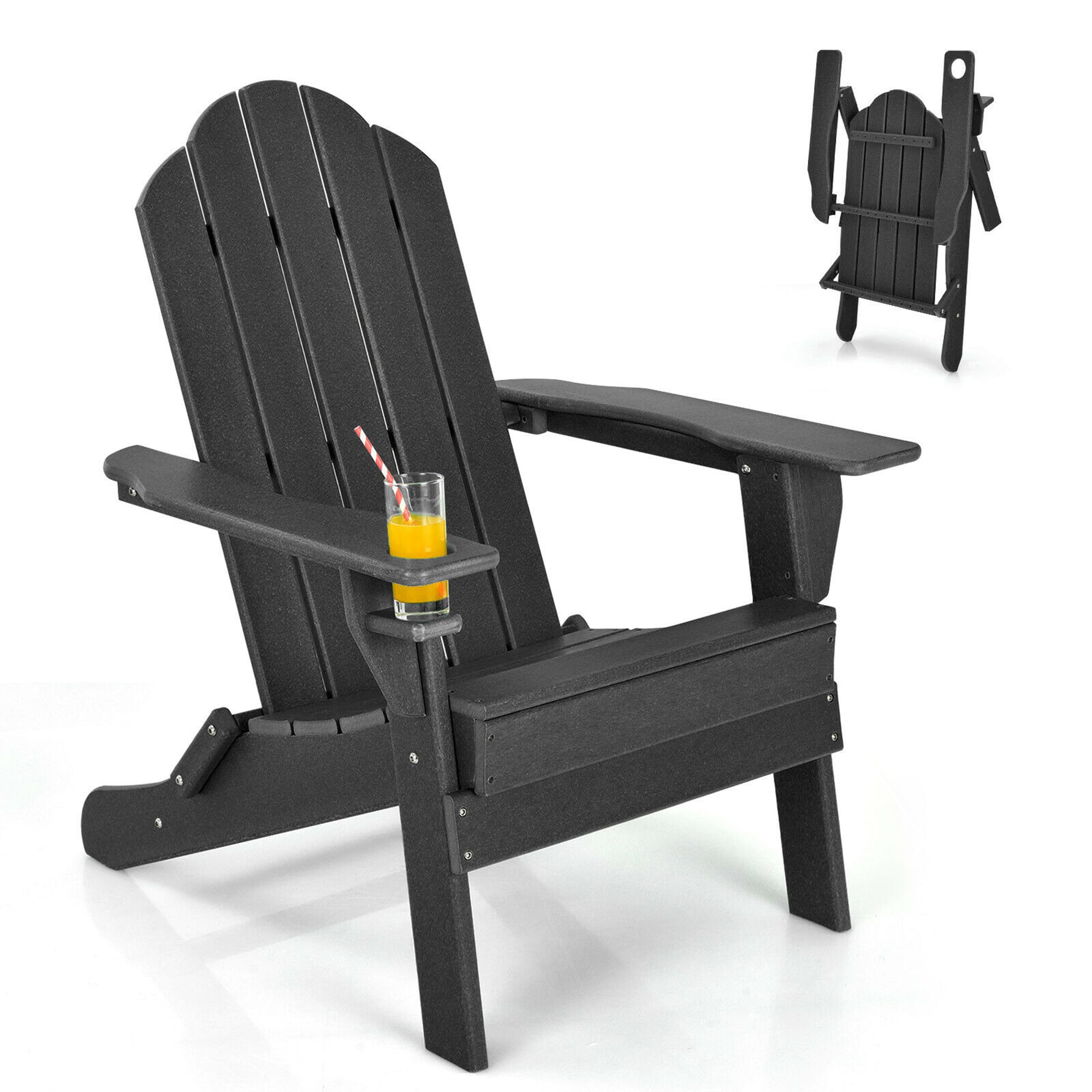 Gymax - Patio Folding Adirondack Chair Weather Resistant Cup Holder Yard - Black