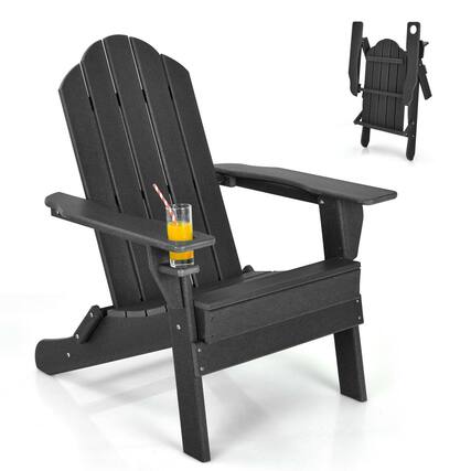 Front. Gymax - Gymax Patio Folding Adirondack Chair Weather Resistant Cup Holder Yard Black - Black.