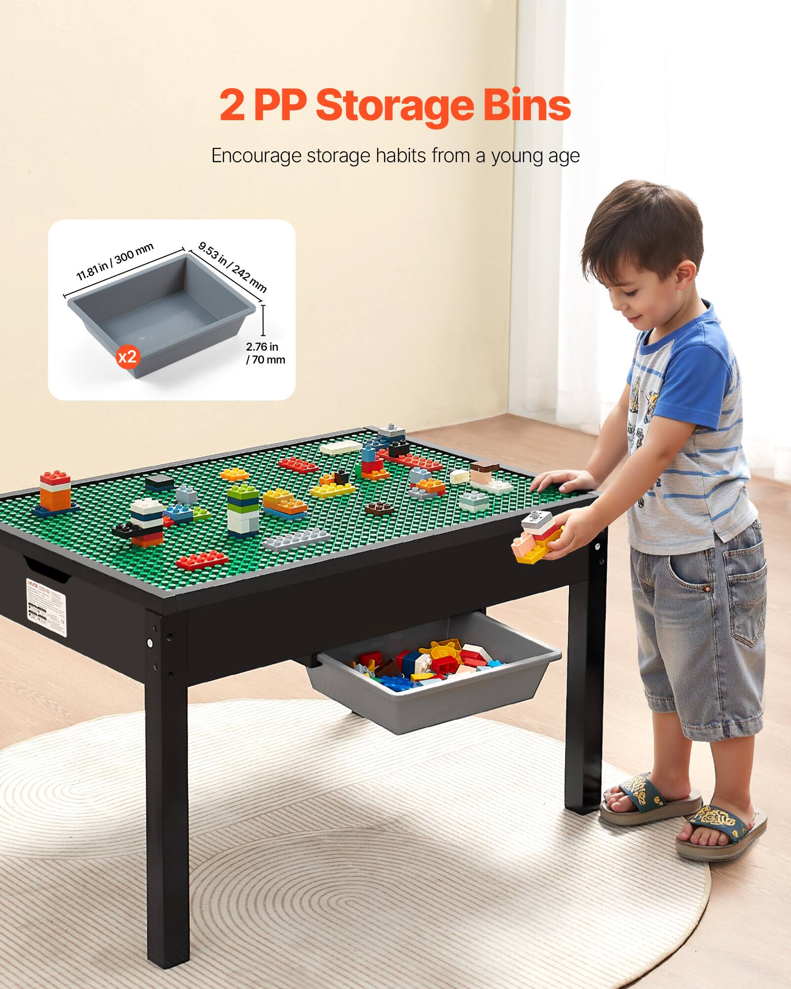 2 PP Storage Bins  
Encourage storage habits from a young age  

Dimensions:  
- 11.81 in / 300 mm  
- 9.53 in / 242 mm  
- 2.76 in / 70 mm  

x2