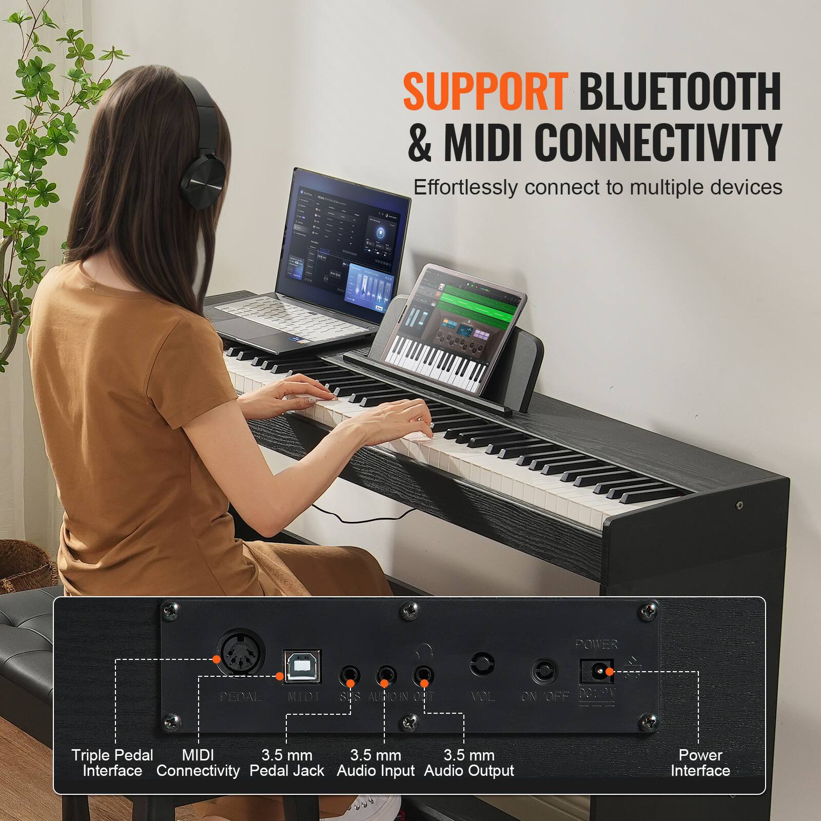 SUPPORT BLUETOOTH & MIDI CONNECTIVITY  
Effortlessly connect to multiple devices  

Triple Pedal Interface  
MIDI Connectivity  
3.5 mm Pedal Jack  
3.5 mm Audio Input  
3.5 mm Audio Output  
Power Interface
