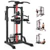 Front. Pooboo - Pull Up Bar Power Tower Dip Station,Cable Machine-Integrated 450LBS Multi-Function Adjustable Height - Red.