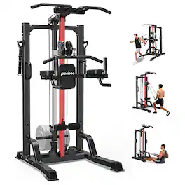Pooboo - Power Tower with Parallel Bars, Integrated Pulley System, Multi-Function Adjustable Height Fitness Equipment - Black