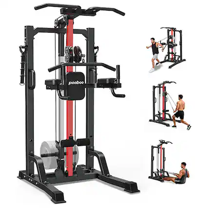 Front. Pooboo - Power Tower with Parallel Bars, Integrated Pulley System, Multi-Function Adjustable Height Fitness Equipment - Black.