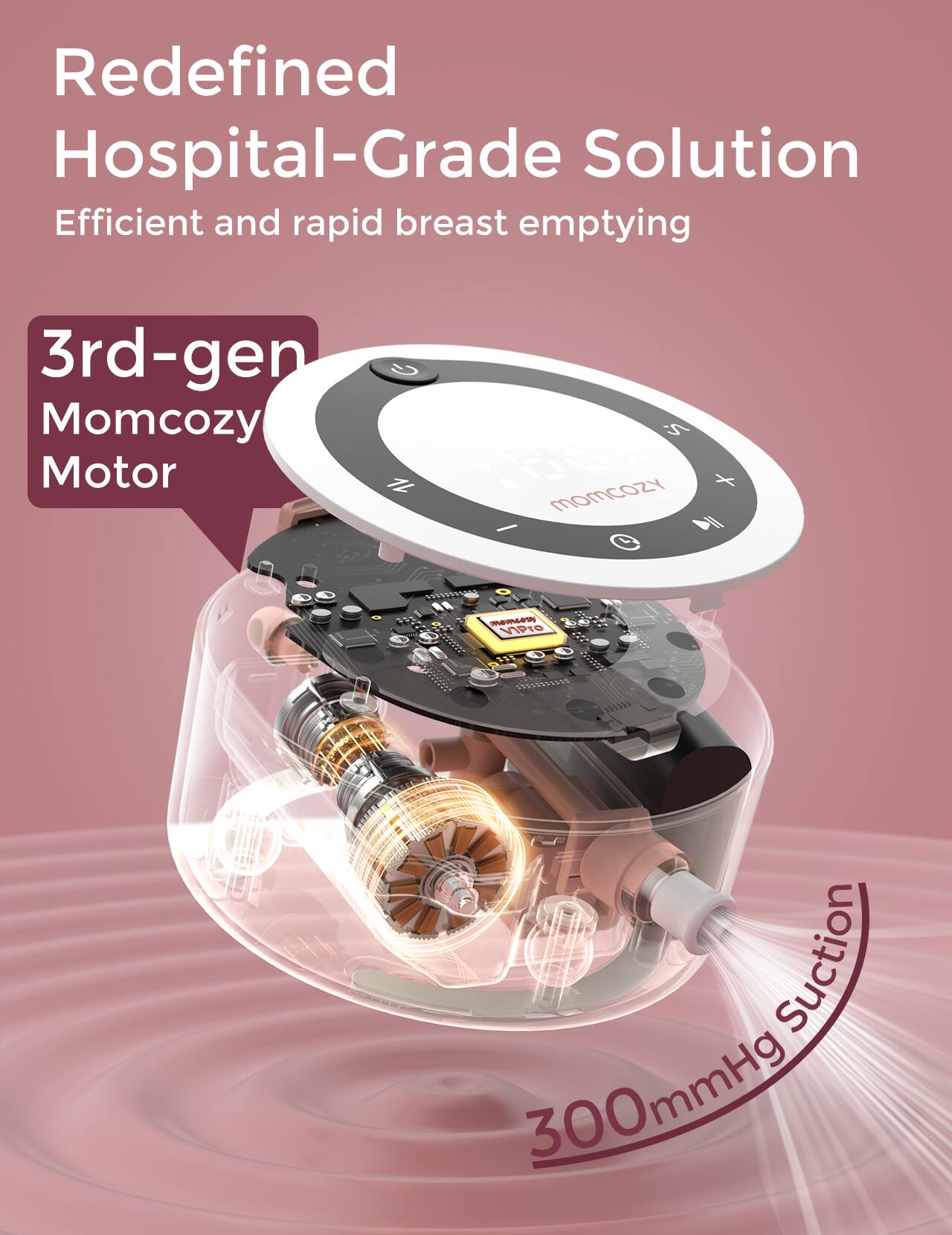 Redefined Hospital-Grade Solution, Efficient and rapid breast emptying, 3rd-gen Momcozy Motor, 300mmHg Suction.