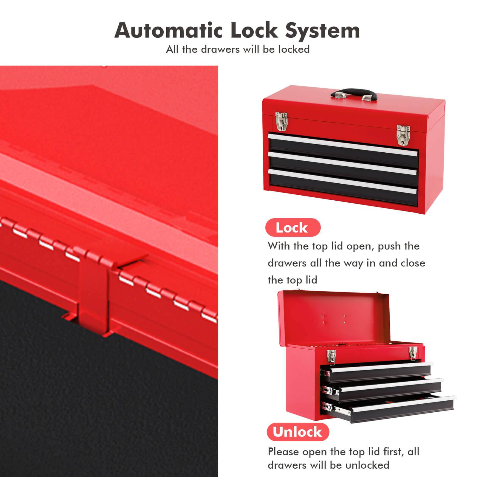 Automatic Lock System

All the drawers will be locked

Lock
With the top lid open, push the drawers all the way in and close the top lid

Unlock
Please open the top lid first, all drawers will be unlocked