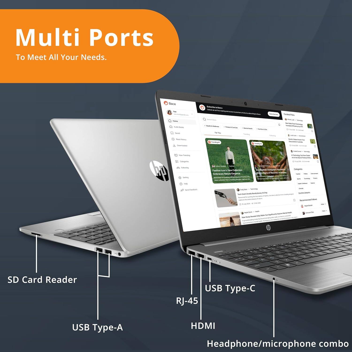 Multi Ports To Meet All Your Needs. SD Card Reader USB Type-C RJ-45 USB Type-A HDMI Headphone/microphone combo