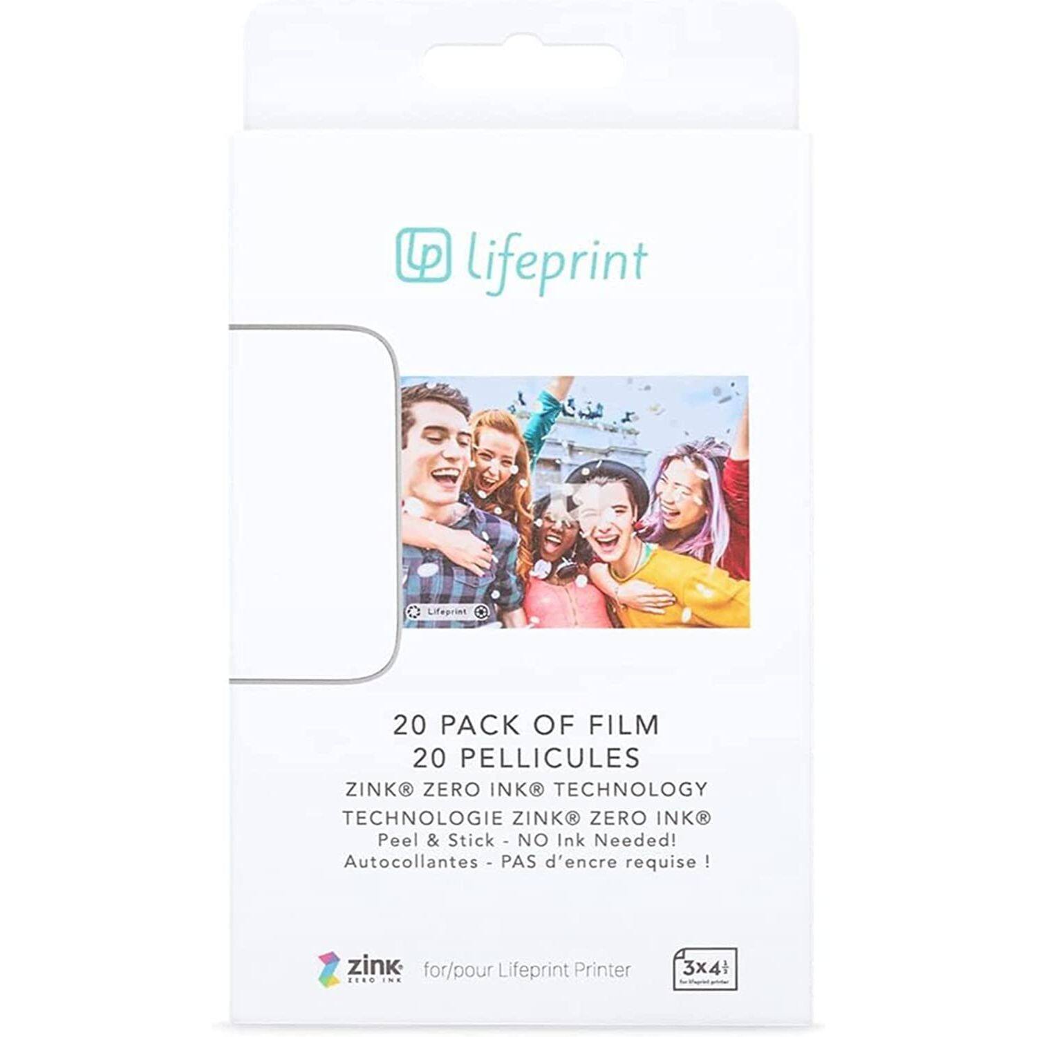 Lifeprint  
20 PACK OF FILM  
20 PELICULES  
ZINK® ZERO INK® TECHNOLOGY  
TECHNOLOGIE ZINK® ZERO INK®  
Peel & Stick - NO Ink Needed!  
Autocollantes - PAS d'encre requise!  
zink for/pour Lifeprint Printer  
3x4"