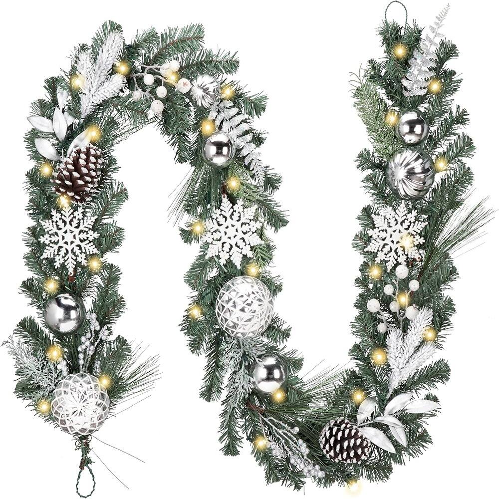 Front. RTMB - 9 ft Pre-Lit Christmas Garland with Lights, Greenery w/ White Balls & Pinecones - Silver/White.