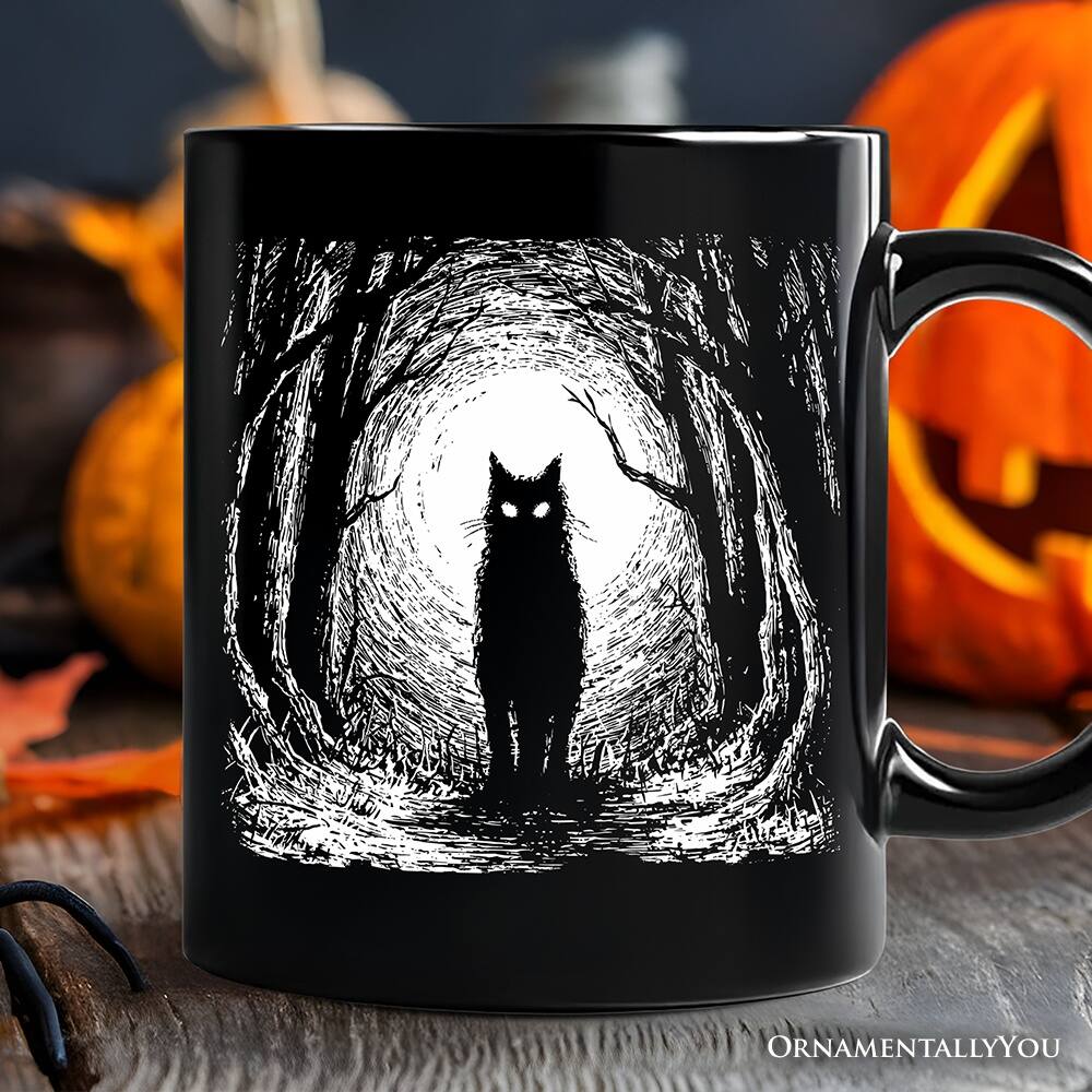 Back. OrnamentallyYou - Haunted Forest Black Cat Mug, Spooky Halloween Night Gift - Black.