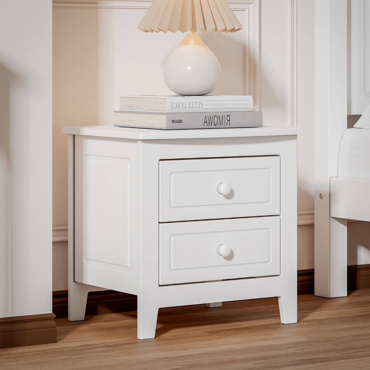 Loheer - 2 Drawer Nightstand, Mid Century Bedside Table - White