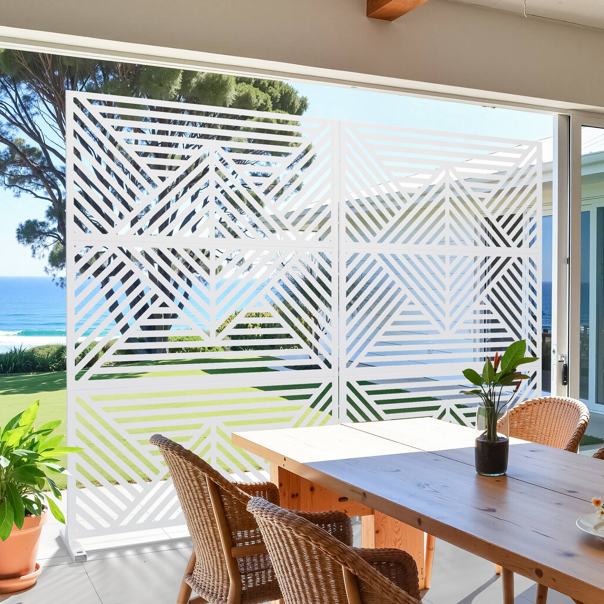 Alt View 3. PexFix - 72 in. x 47 in. Zodiac Pattern Metal Outdoor Privacy Screen & Panels, Freestanding Garden Divider Fence - White.