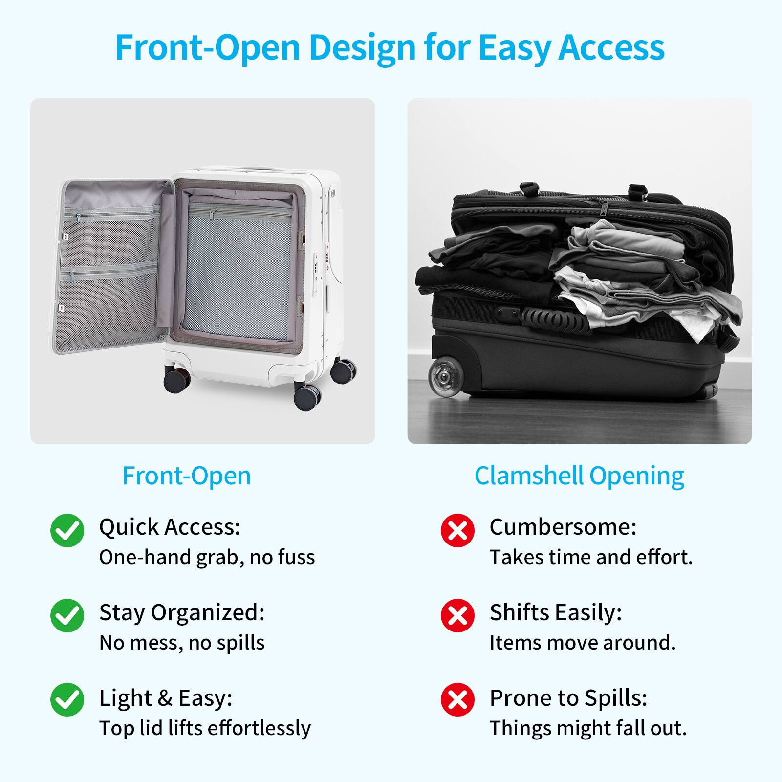 Front-Open Design for Easy Access

Front-Open
- Quick Access: One-hand grab, no fuss
- Stay Organized: No mess, no spills
- Light & Easy: Top lid lifts effortlessly

Clamshell Opening
- Cumbersome: Takes time and effort.
- Shifts Easily: Items move around.
- Prone to Spills: Things might fall out.