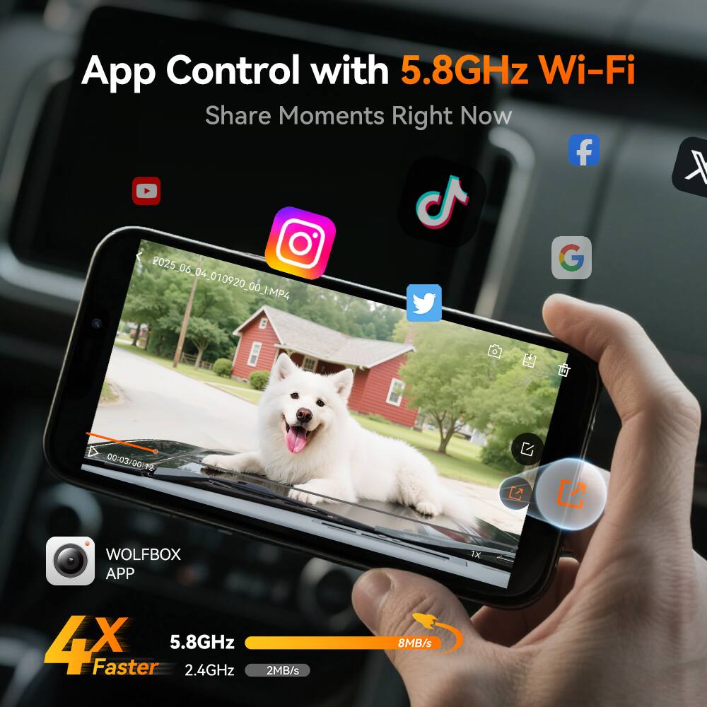 App Control with 5.8GHz Wi-Fi  
Share Moments Right Now  

WOLFBOX APP  
4X Faster  
5.8GHz  
2.4GHz  
2MB/s  
8MB/s  

2025_06_04_010920_001.M4G  
00:03/00:09  

2025.06.04_010920_00_1.MP4