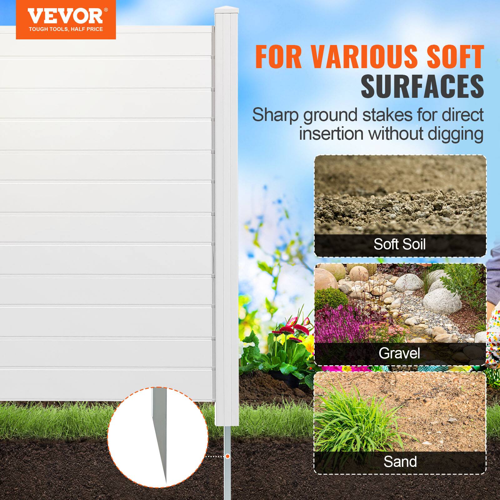 VEVOR TOUGH TOOLS. HALF PRICE FOR VARIOUS SOFT SURFACES. Sharp ground stakes for direct insertion without digging. Soft Soil. Gravel. Sand.