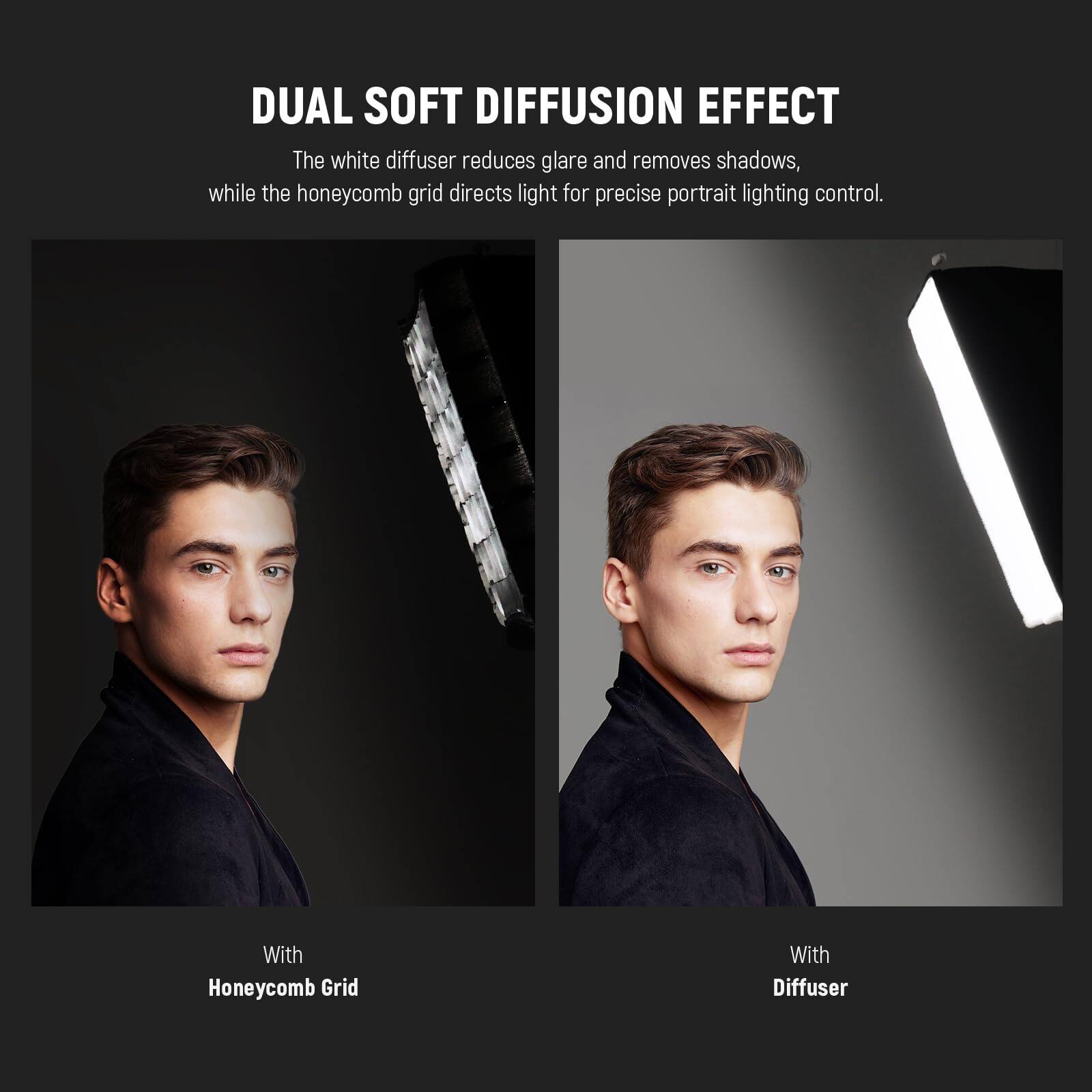 DUAL SOFT DIFFUSION EFFECT

The white diffuser reduces glare and removes shadows, while the honeycomb grid directs light for precise portrait lighting control.

With Honeycomb Grid

With Diffuser