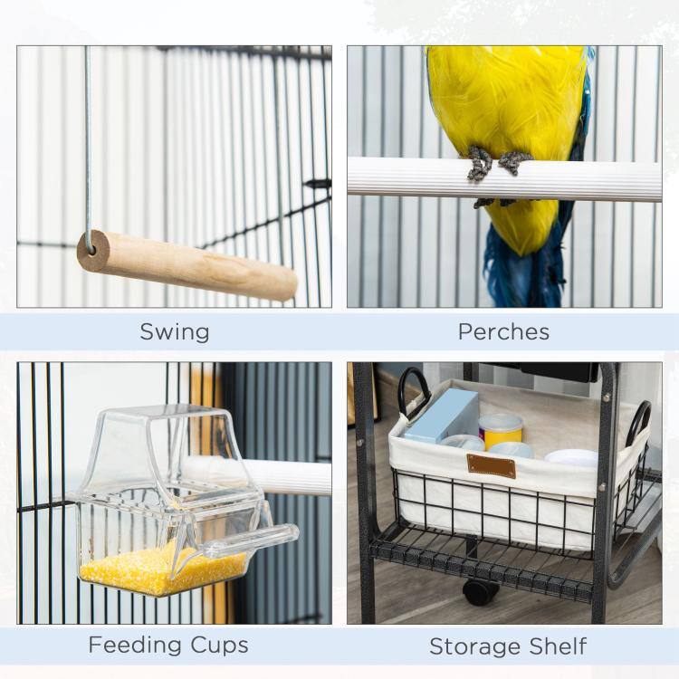 Swing  
Perches  
Feeding Cups  
Storage Shelf