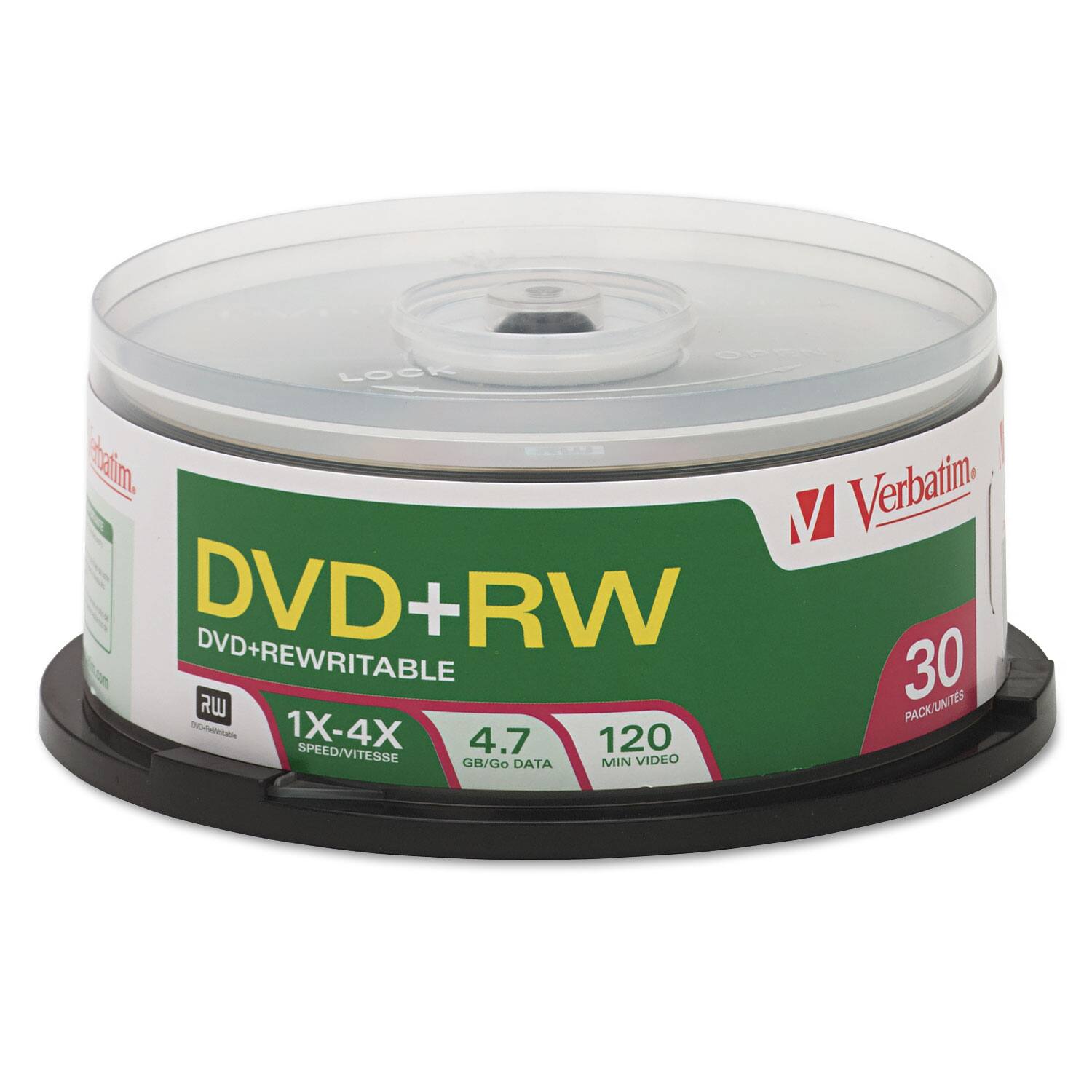 Verbatim  
DVD+RW  
DVD+REWRITABLE  
1X-4X SPEED/VITESSE  
4.7 GB/Go DATA  
120 MIN VIDEO  
30 PACK UNITS