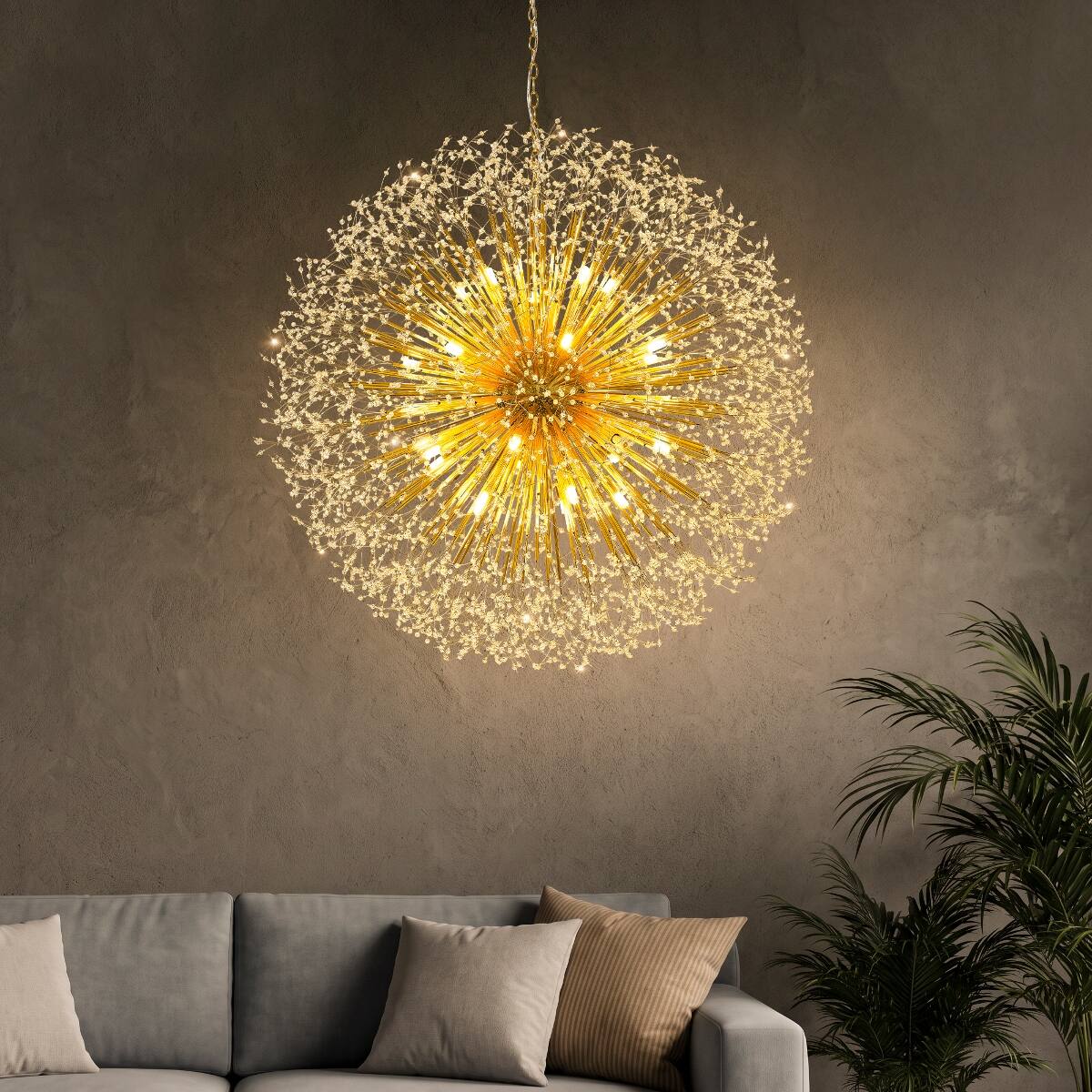 Front. Loheer - Loheer 48 Inch Crystal Chandelier Gold Modern Firework Sputnik Light Fixture with G9 LED Bulbs.