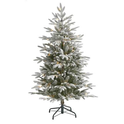 Front. BreeBe - 4.5’ Flkd Manchester Spruce Xmas Tree w/100 Lights & 357 Tps - White, Green.