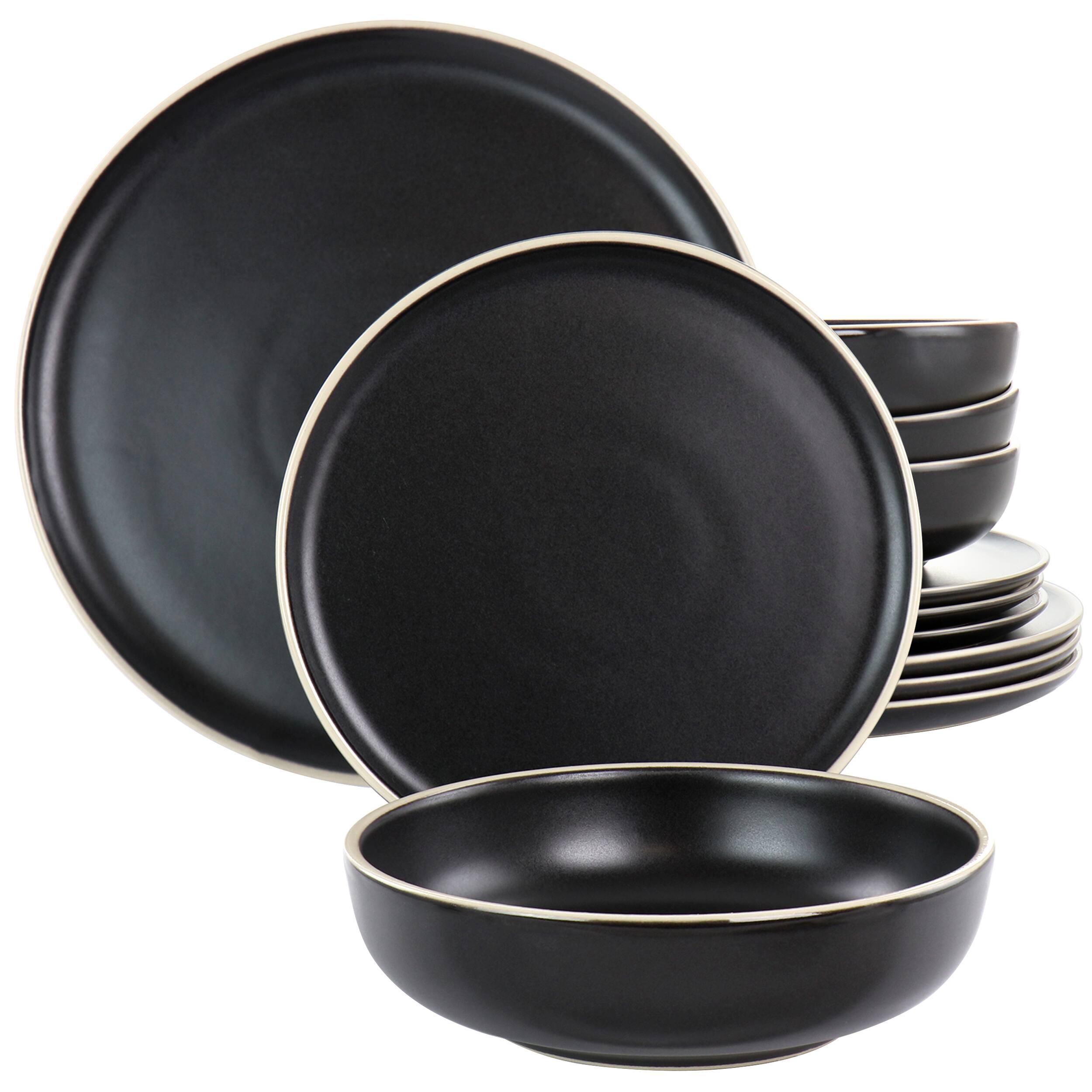 Front. Gibson - Gibson Elite Serenade 12 Piece Round Stoneware Dinnerware Set in Black - Black.
