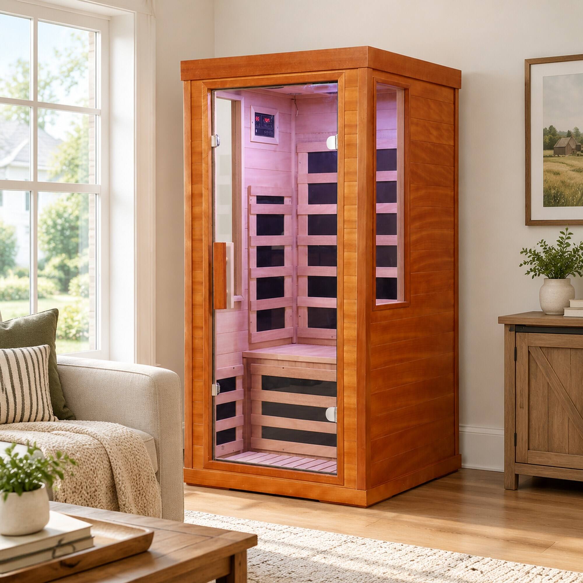 Alt View 1. RYHNUYNE - One Person Far Infrared Sauna, 31.5 x 31.5 x 63.3 in, Okoume Wood, Tempered Glass Door, Bluetooth Audio and 7-Color - Red.