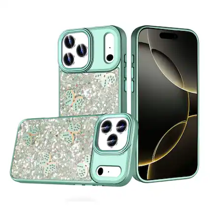 Front. Kitcheniva - Full Glitter Flakes Butterflies Design Phone Case With Tempered Glass For iPhone 17 Pro Teal - Teal.
