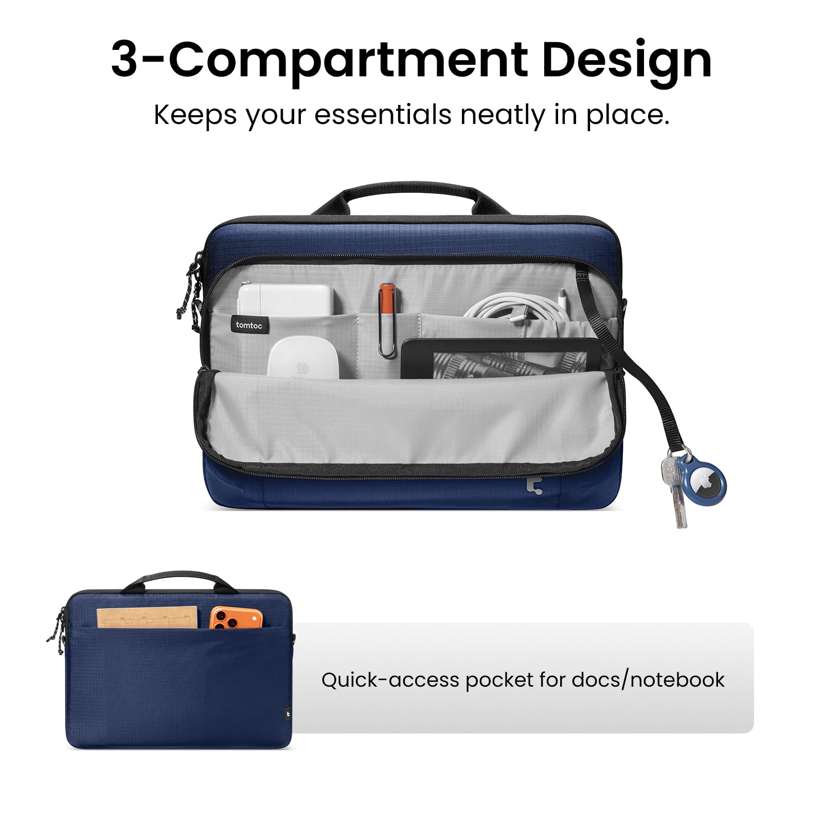 3-Compartment Design Keeps your essentials neatly in place.

Quick-access pocket for docs/notebook