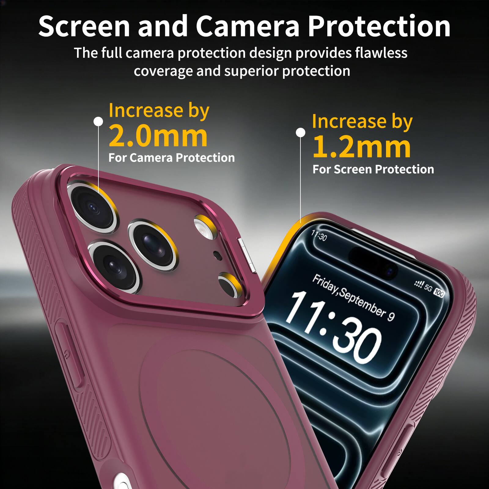 Screen and Camera Protection  
The full camera protection design provides flawless coverage and superior protection  

Increase by 2.0mm  
For Camera Protection  

Increase by 1.2mm  
For Screen Protection  

11:30  
Friday, September 9