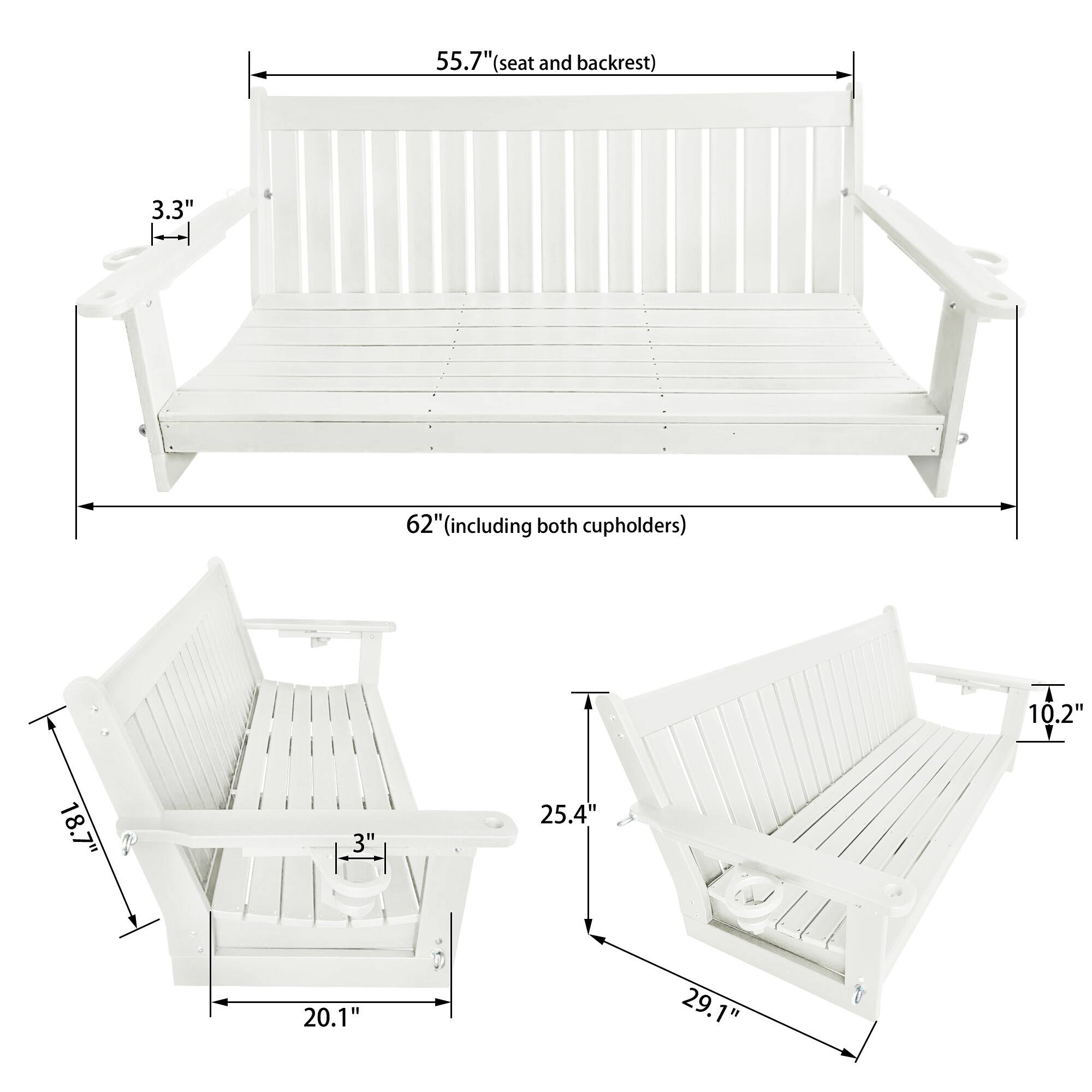 55.7" (seat and backrest)  
3.3"  
62" (including both cupholders)  
10.2"  
18.7"  
3"  
25.4"  
20.1"  
29.1"