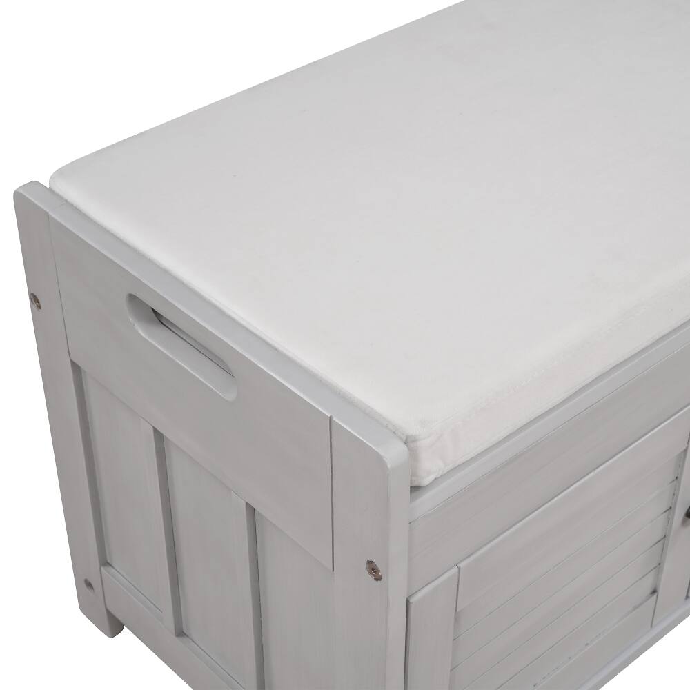 Alt View 4. Ropilly - Ropilly Gray Wash Storage Bench with Shutter Doors Removable Cushion and Hidden Storage Entryway Shoe Bench - Gray Wash.