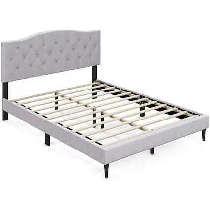 Front. Costway - Queen Size Upholstered Platform Bed Linen Bed Frame with Button Tufted Headboard - Gray.