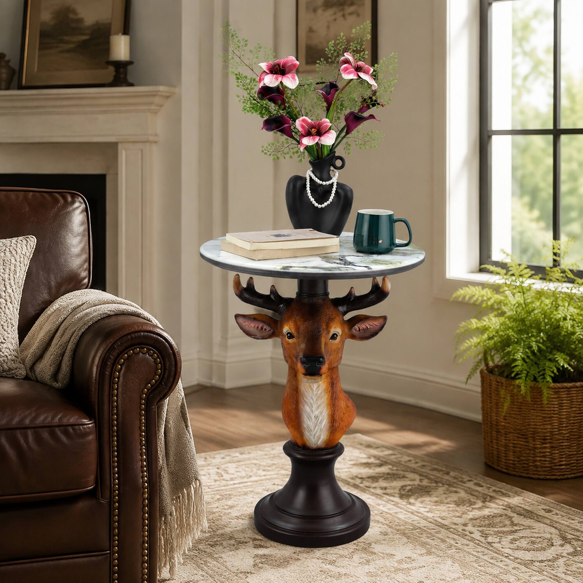 Back. RYHNUYNE - Deer Head Accent Table with Faux Marble Top for Living Room, Cabin, and Rustic Themed Decor - Brown.