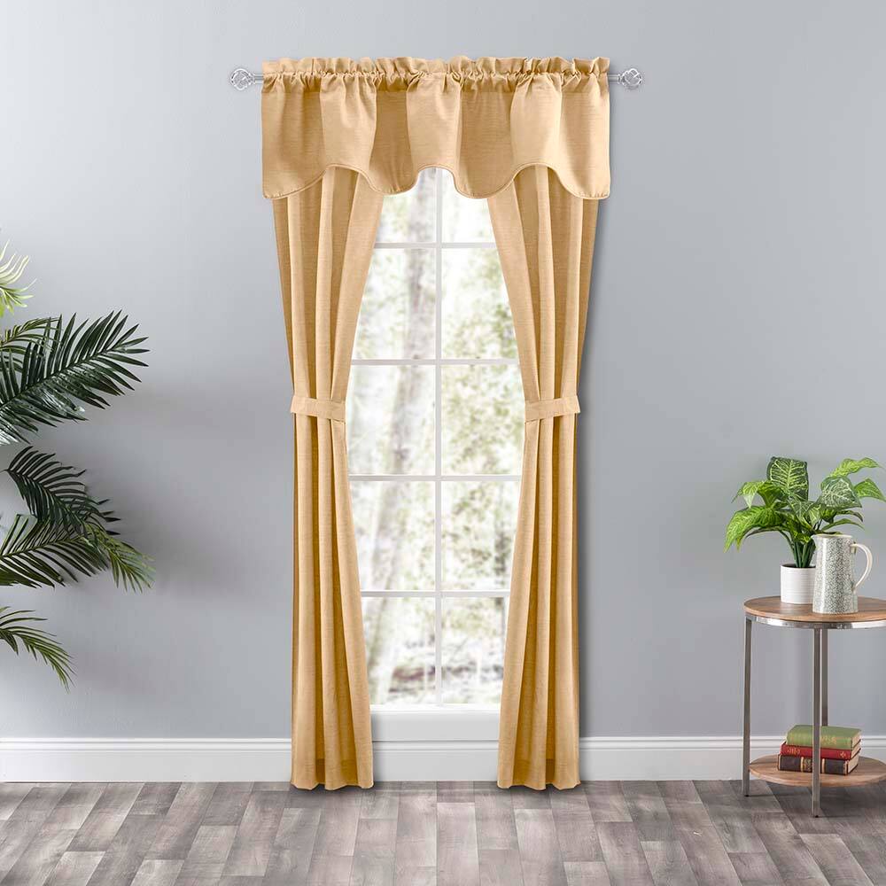 Left. Ellis Curtain - Ellis Curtain Lisa Solid Color Poly Cotton Duck Fabric Tailored Panel Pair with Ties 56" x 63" Butter - Butter.