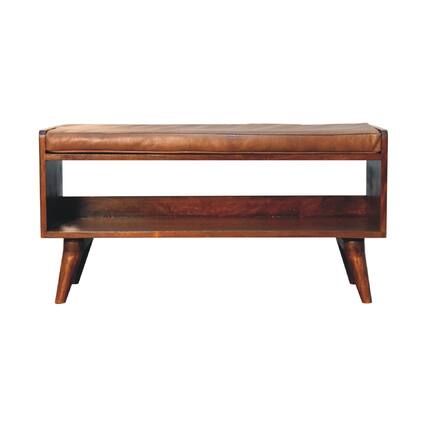 Front. Artisan Furniture - Artisan Furniture Solid Wood Chestnut Bench with Brown Leather Seatpad, Upholstered, 1 Open Slot, Dark Brown - Dark Brown.