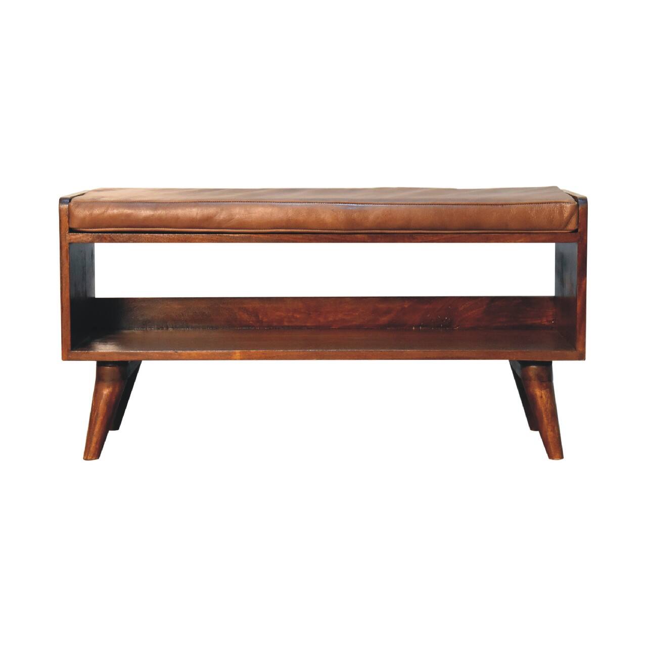 Front. Artisan Furniture - Artisan Furniture Solid Wood Chestnut Bench with Brown Leather Seatpad, Upholstered, 1 Open Slot, Dark Brown - Dark Brown.