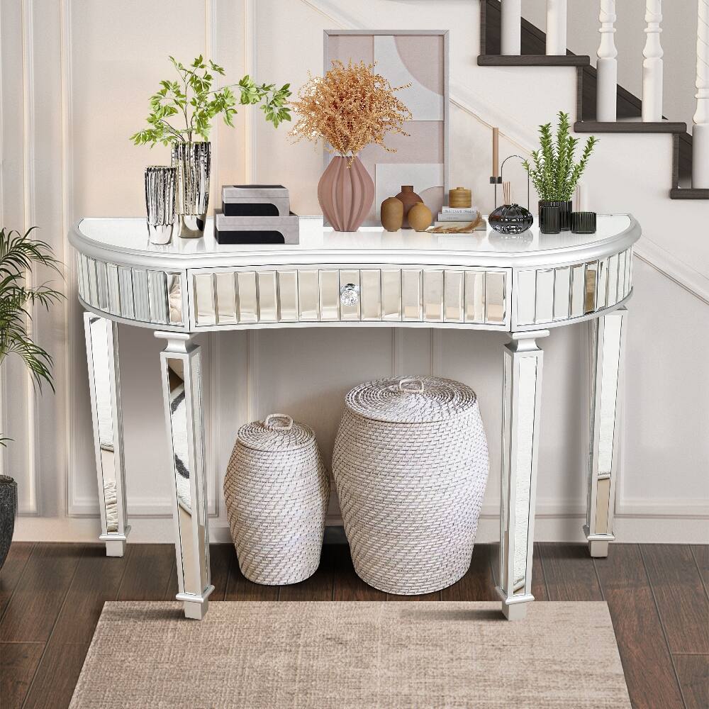 Back. Loheer - Loheer 47 inch half moon mirrored console table silver entryway vanity desk with drawer - Grey, Silver.
