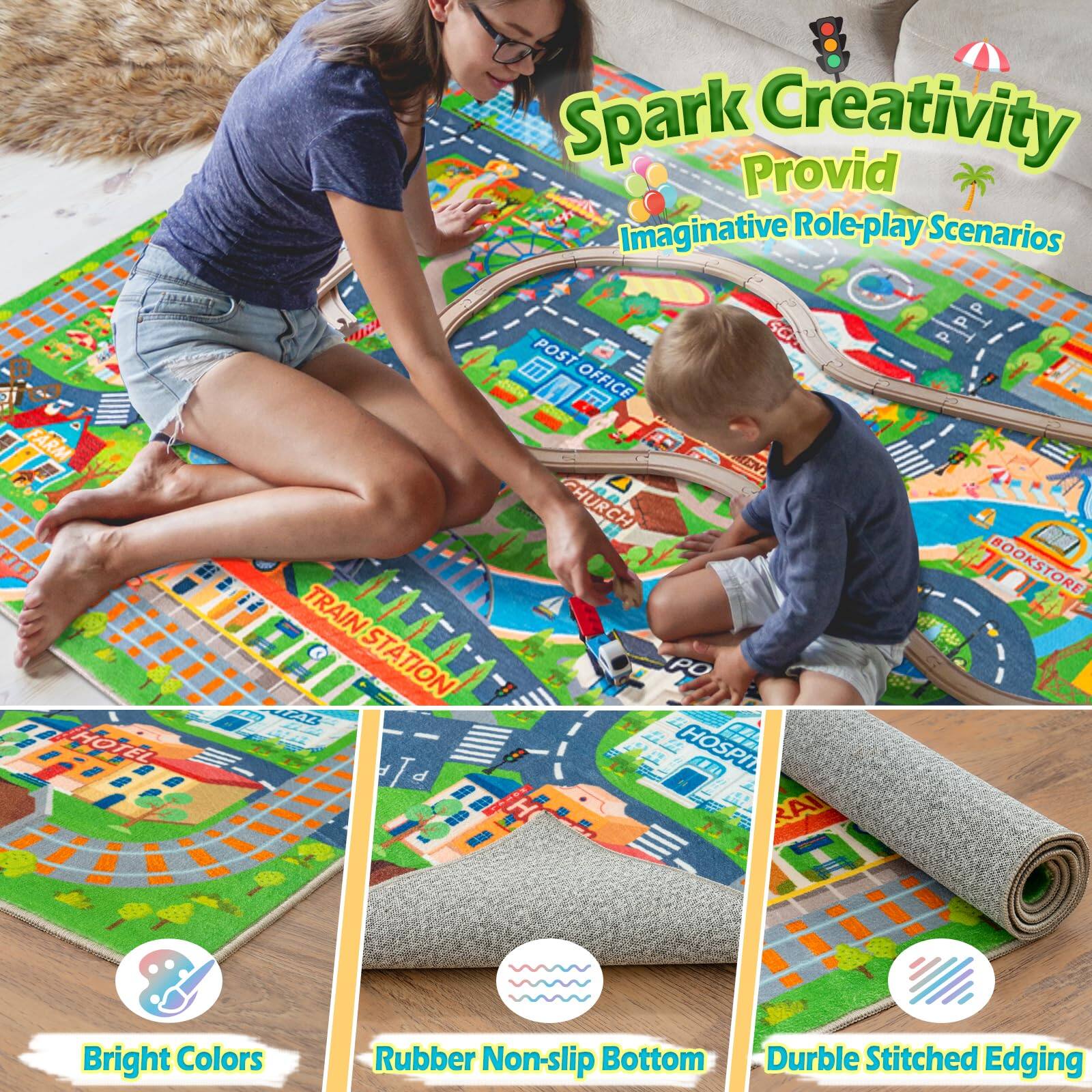 Spark Creativity  
Provide Imaginative Role-play Scenarios  

Bright Colors  
Rubber Non-slip Bottom  
Durable Stitched Edging  

POST OFFICE  
HOTEL  
TRAIN STATION  
CHURCH  
HOSPITAL  
BOOKSTORE