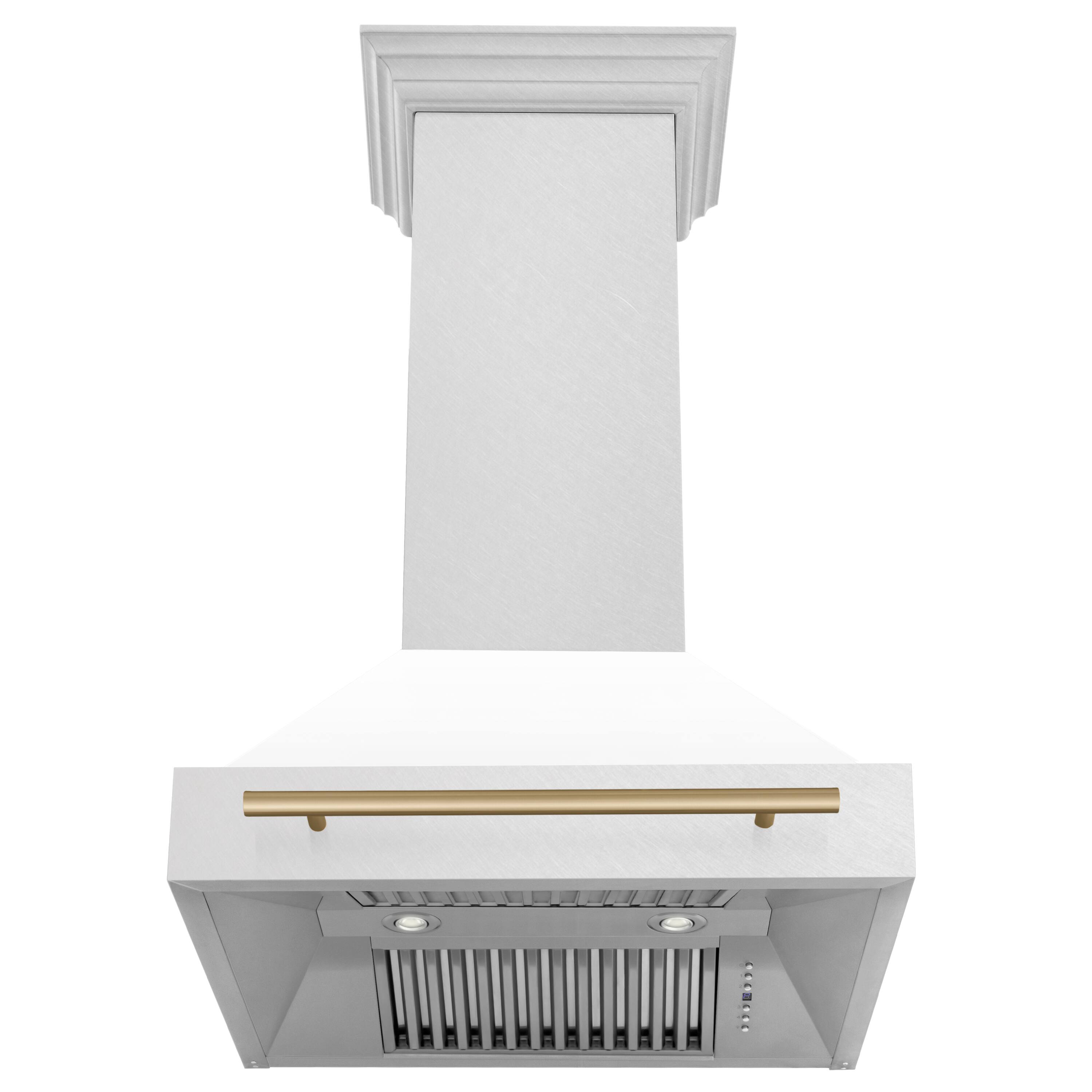 Back. ZLINE - ZLINE Autograph 30 in. Satin Stainless Steel Wall Mount Range Hood with White Matte Shell and Champagne Bronze Handle - Satin Stainless Steel with White Matte Shell.