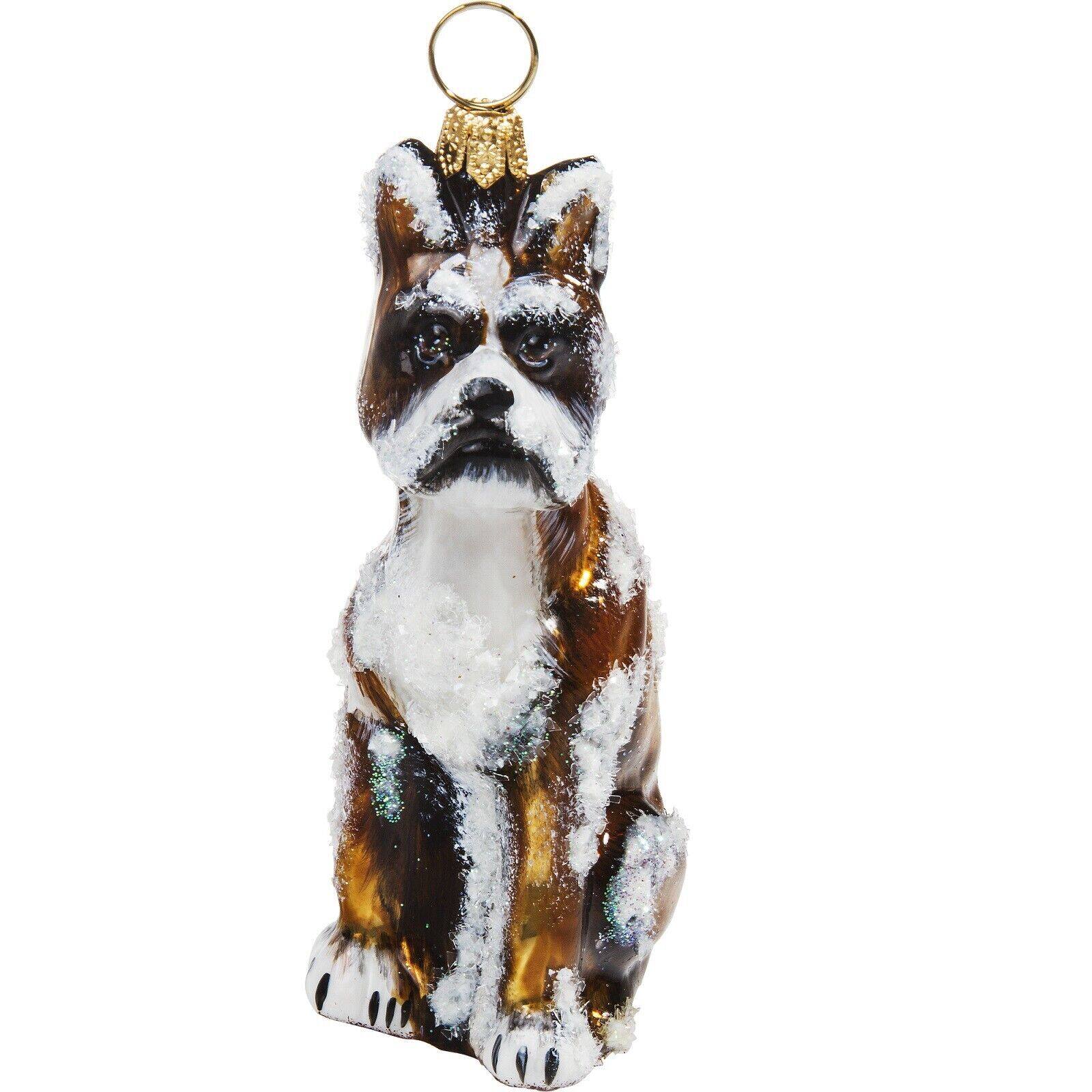 Front. Joy to the World Collectibles - Joy to the World Snowy Boxer Polish Glass Christmas Dog Ornament - Brown.