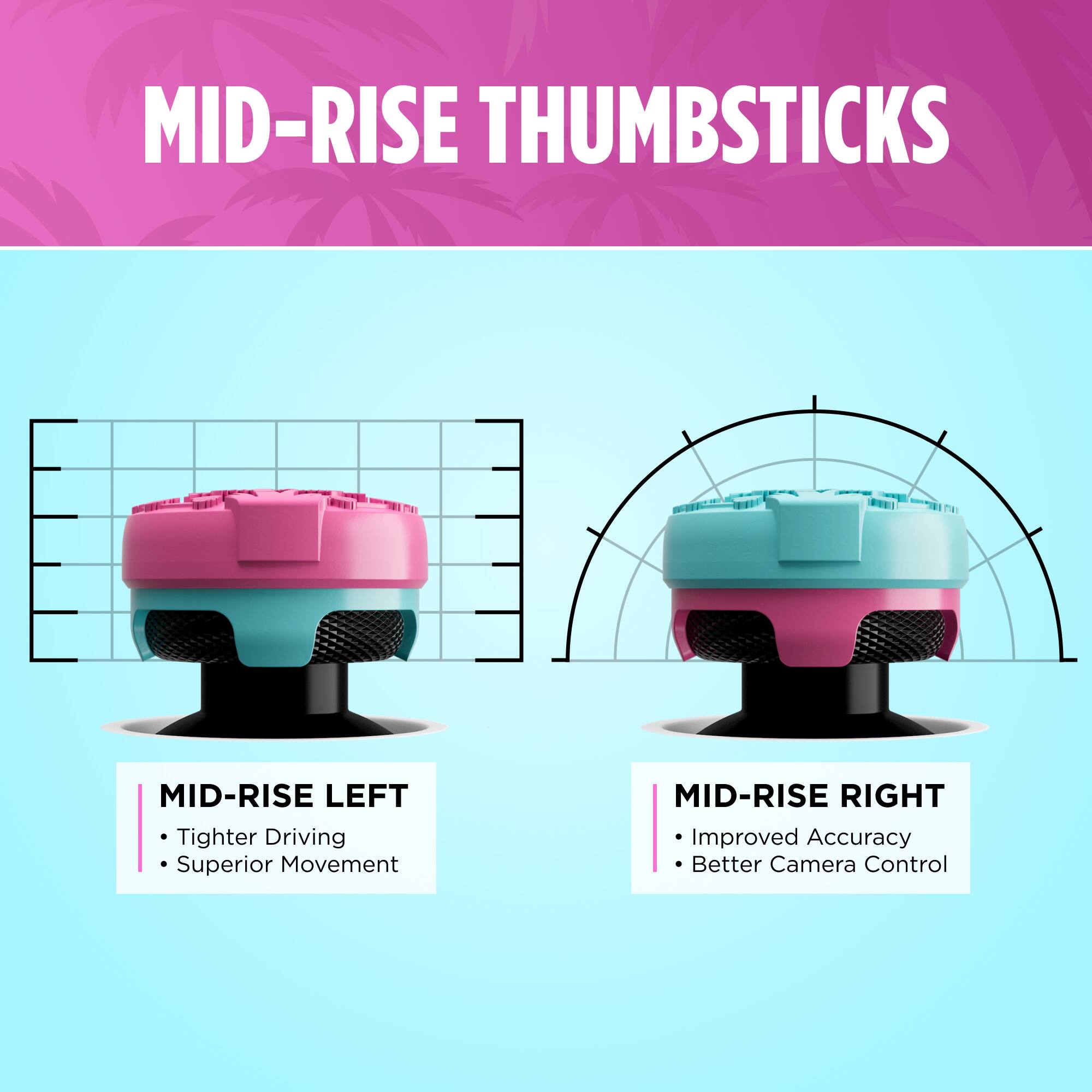 MID-RISE THUMBSTICKS

MID-RISE LEFT
- Tighter Driving
- Superior Movement

MID-RISE RIGHT
- Improved Accuracy
- Better Camera Control