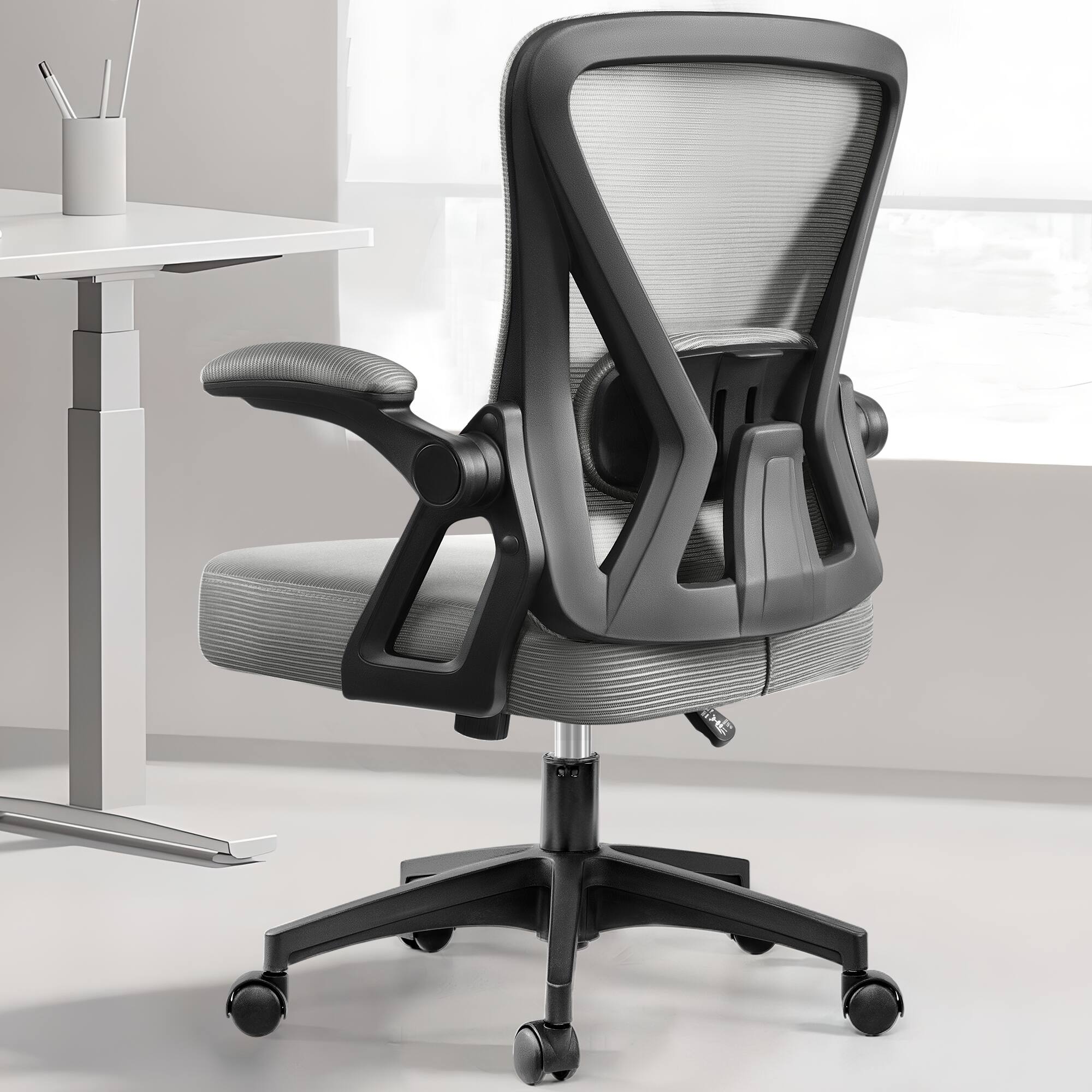 Alt View 4. KERDOM - Mid Back Ergonomic Office Chair with Adjustable Lumbar Support, Flip-up Arms, Rolling Swivel Task Chair Breathable Mesh - Light Grey.