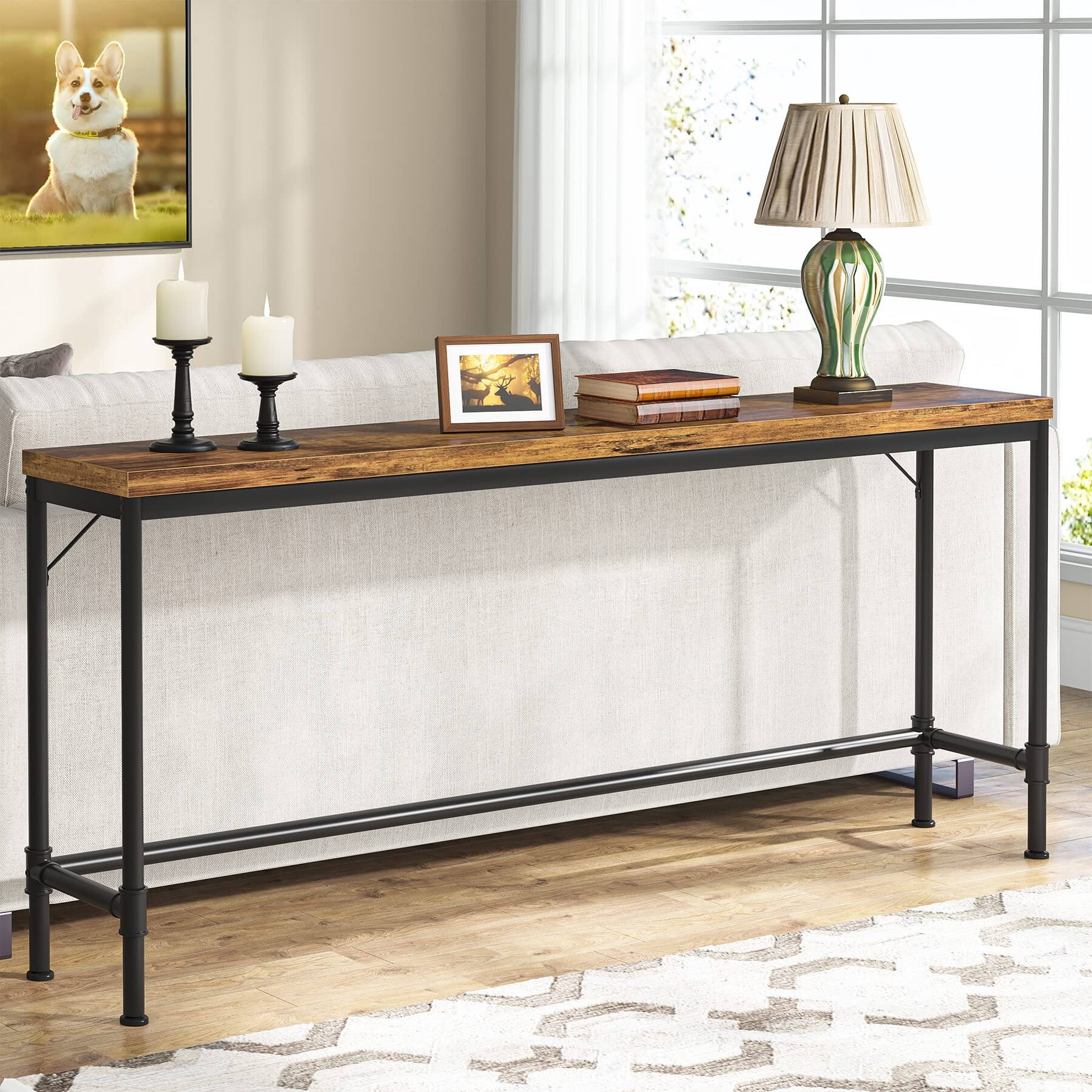 Angle. Tribesigns - 70.9 Inch Extra Long Console Table, Narrow Sofa Table Behind Couch, Rustic Entryway Hallway Table Industrial Height Bar - Rustic Brown.