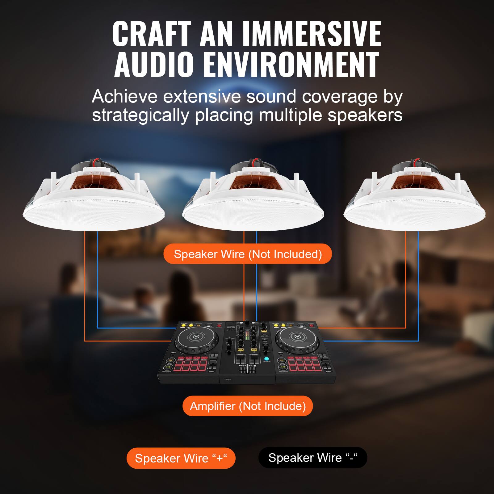 CRAFT AN IMMERSIVE AUDIO ENVIRONMENT

Achieve extensive sound coverage by strategically placing multiple speakers

Speaker Wire (Not Included)

Amplifier (Not Included)

Speaker Wire “+”

Speaker Wire “-”