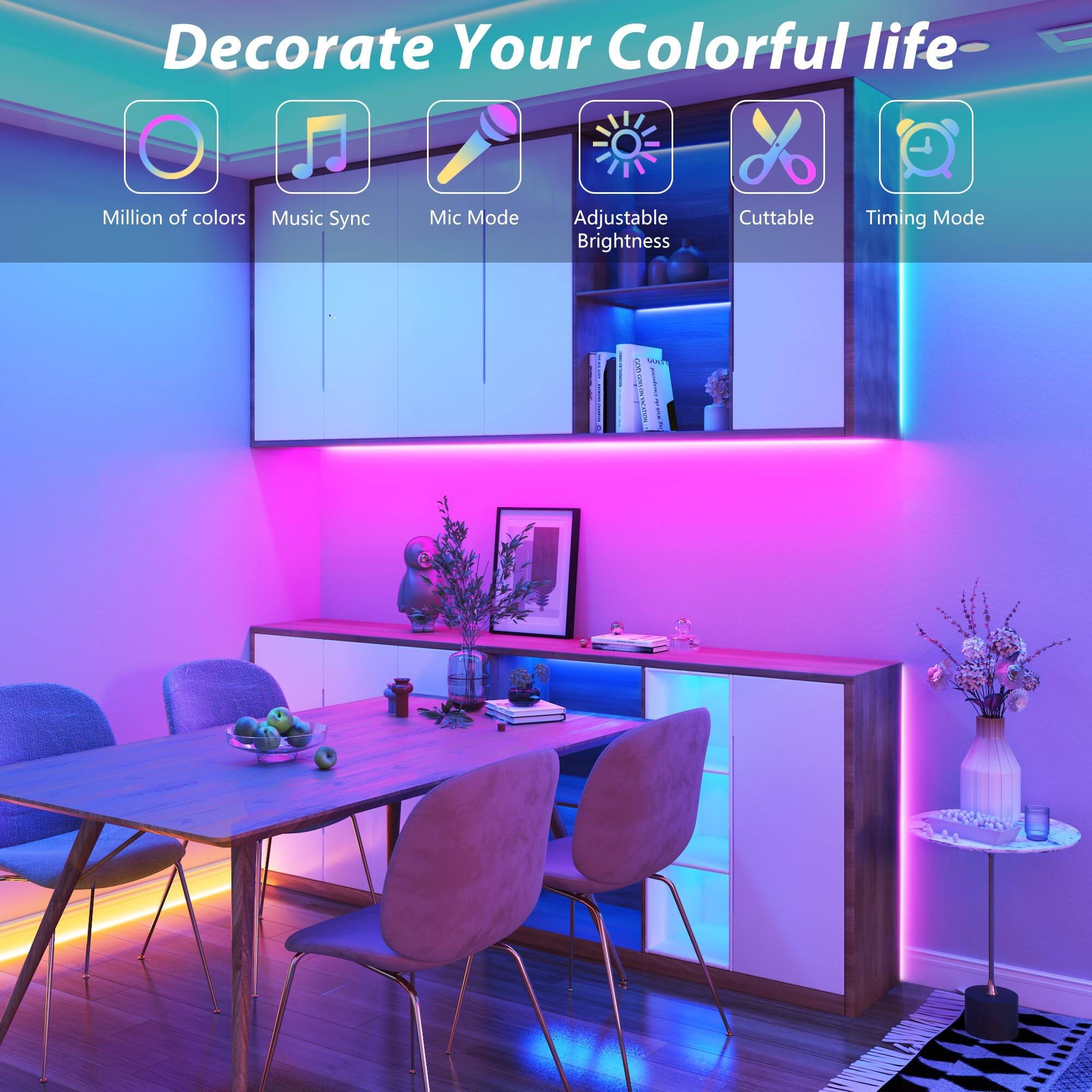 Decorate Your Colorful life-  
- Million of colors  
- Music Sync  
- Mic Mode  
- Adjustable Brightness  
- Cuttable  
- Timing Mode