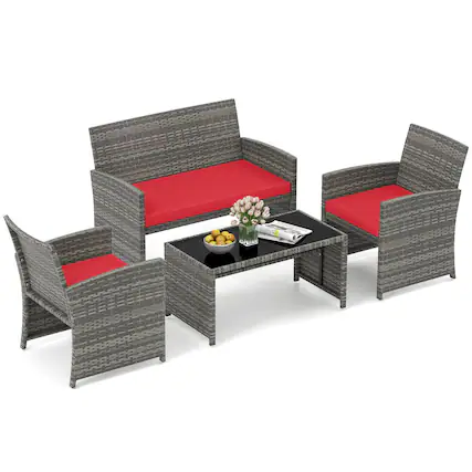 Front. Costway - Costway 4 PCS Patio Conversation Set with Seat Cushions & Tempered Glass Tabletop, Outdoor - Red.