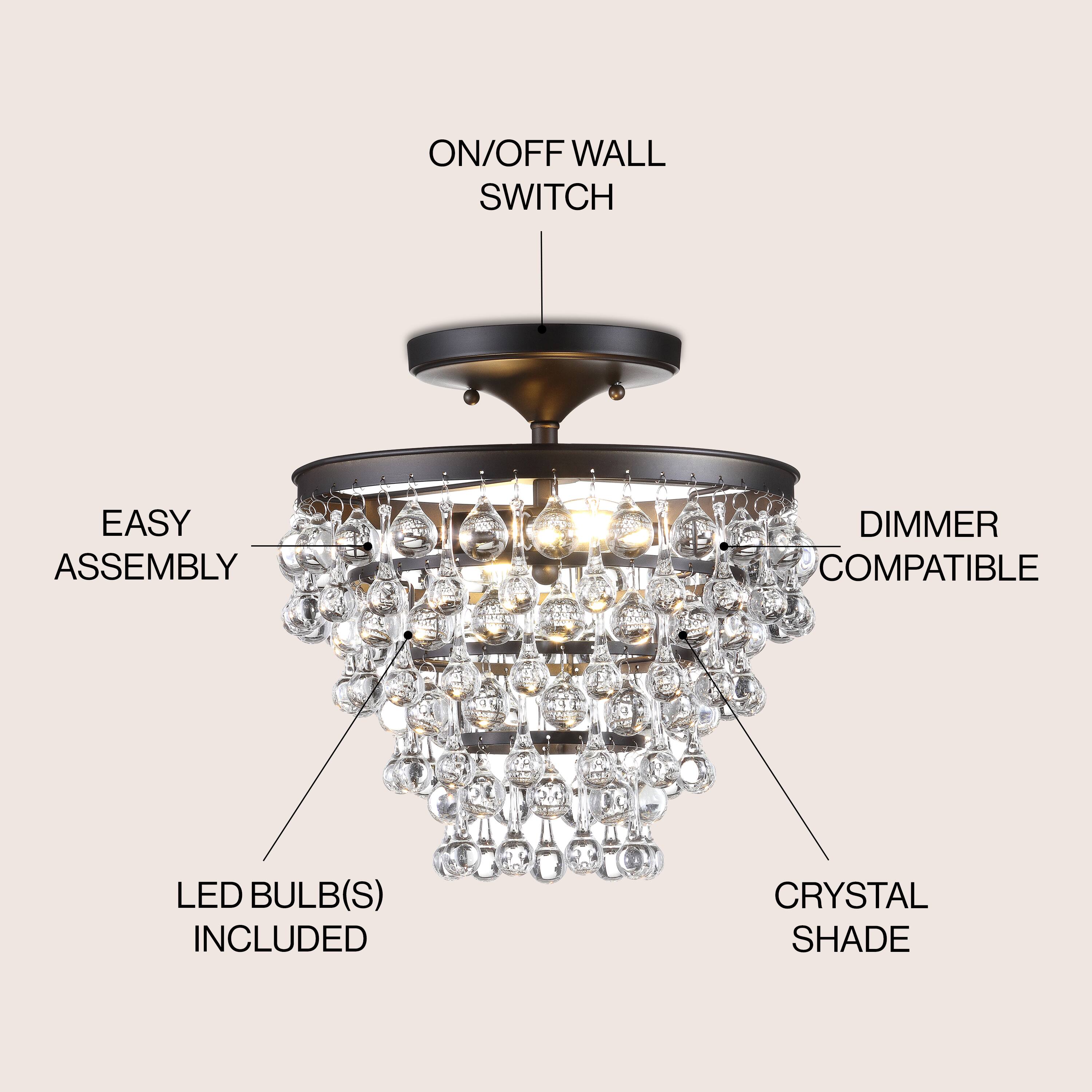ON/OFF WALL SWITCH  
EASY ASSEMBLY  
DIMMER COMPATIBLE  
LED BULB(S) INCLUDED  
CRYSTAL SHADE